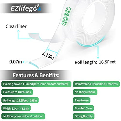 EZlifego Double Sided Tape Heavy Duty(Extra Large 16.5FT), Nano Adhesive Mounting Tape Wall Decor,Sticky Picture Hanging Adhesive Strips Poster Tape-UPStoxs