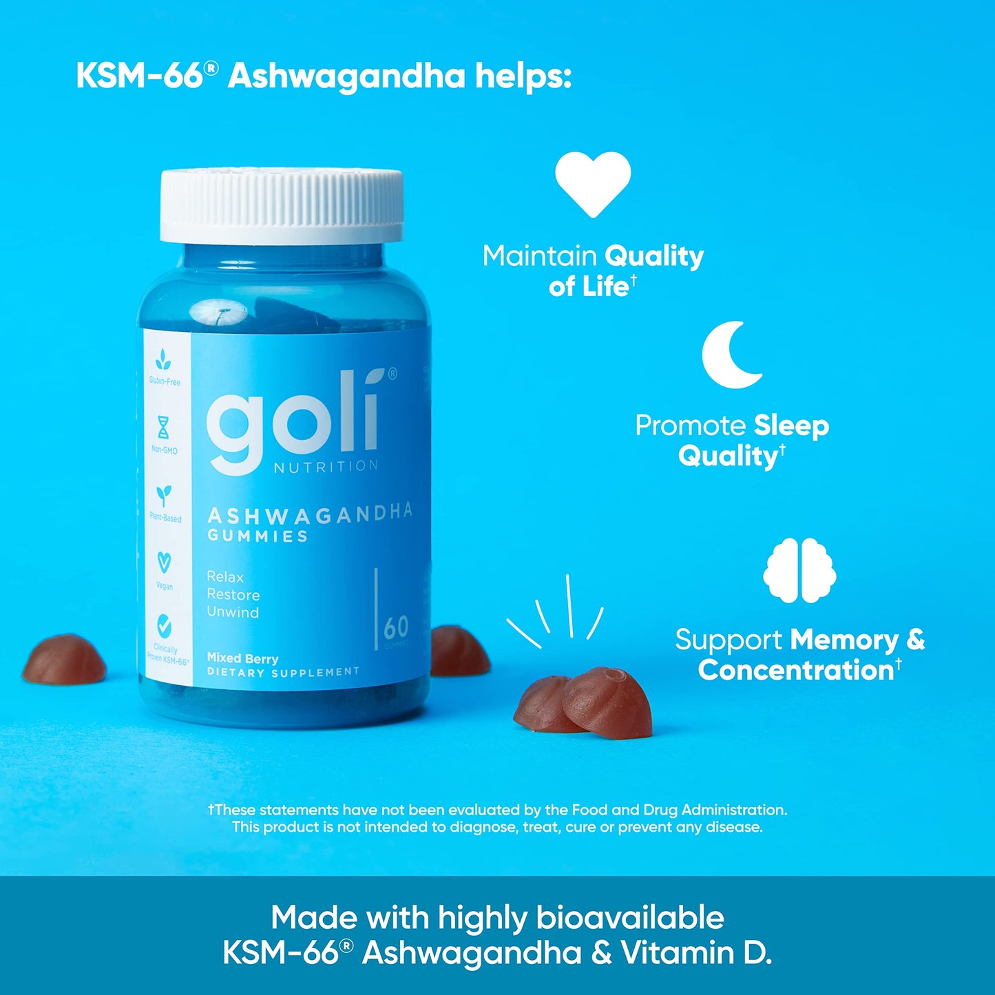 Goli Ashwagandha & Vitamin D Gummy - 180 Count - Mixed Berry, KSM-66, Vegan, Plant Based, Non-GMO, Gluten-Free & Gelatin Free Relax. Restore. Unwind, Pack of 3-UPStoxs